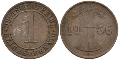 Германия 1 рейхспфенниг 1936 F KM 37, J. 313 бронза 4124-869