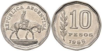 Аргентина 10 песо 1968 Гаучо KM 60, Schon 60, CJ 287 никелированная сталь    60-946