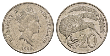 Новая Зеландия 20 центов 1988 Елизавета II (1952-2022), птичка киви KM 62 медно-никель 4653-512