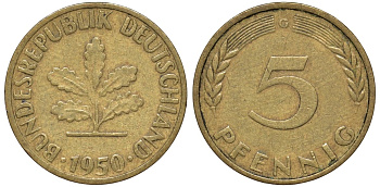 ФРГ 5 пфеннигов 1950 G KM 107, J.382 сталь плакированная латунью 4174-516