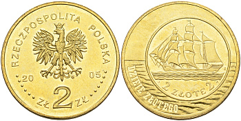 Польша 2 злотых 2005 MW, история польского злотого, парусник KM 521, Parchimowicz 951 латунь 00-00