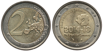 БЕЛЬГИЯ 2 ЕВРО 2014 100 ЛЕТ НАЧАЛУ ПЕРВОЙ МИРОВОЙ ВОЙНЫ (1914-1918) KM 345 биметалл 176-134