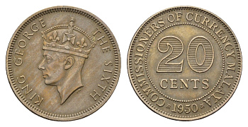 Малайя 20 центов 1950 Георг VI (1936-1952) KM 9 медно-никель 4671-232