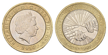 Великобритания 2 фунта 2010 Елизавета II (1952-2022), 100 лет со дня смерти Флоренс Найтингейл KM 1160, Spink K26 биметалл aUNC 76-612