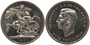 Великобритания 5 шиллингов = 1 крона 1951 Георг VI (1936-1952), фестиваль Британии, Георгий Победоносец KM 880, Spink 4111 медно-никель Prooflike 11-232-11