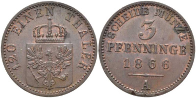 ПРУССИЯ 3 ПФЕННИГА 1866 А, ВИЛЬГЕЛЬМ I (1861-1888) KM 482 медь 117-1117