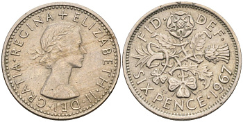 Великобритания 6 пенсов 1967 Елизавета II (1952-2022) KM 903, Spink 4149 медно-никель 4115-736