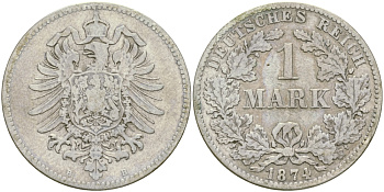 Германия 1 марка 1874 B Weege 17, J. 9, KM 7 серебро 98-1232