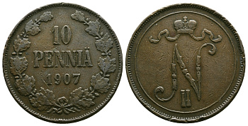 РОССИЯ ДЛЯ ФИНЛЯНДИИ 10 ПЕННИ 1907 Биткин 430 медь 4381-122