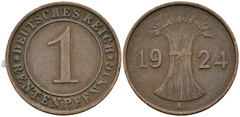 Германия 1 рентенпфенниг 1924 A KM 30, J. 306 бронза 4608-316