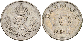 Дания 10 эре 1955 N; S, Фредерик IX (1947-1972) KM 841.1 медно-никель 4532-256