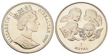 Гибралтар 1 роял 1999 Херувимы KM 832 медно-никель BU 1524-1942
