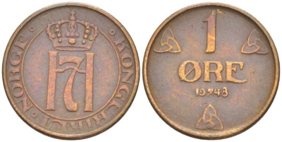 НОРВЕГИЯ 1 ЭРЕ 1948 ХОКОН VII (1905-1957) KM 367 бронза 211-531