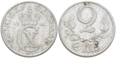 ДАНИЯ 2 ЭРЕ 1941 N; S, КРИСТИАН X (1912-1947) KM 833 алюминий 212-944