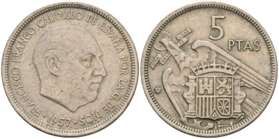 Испания 5 песет 1957 (70) Франсиско Франко (1939 - 1975) KM 786 медно-никель 4155-547