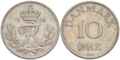 Дания 10 эре 1955 N; S, Фредерик IX (1947-1972) KM 841.1 медно-никель 4532-256
