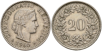 Швейцария 20 раппенов 1960 B KM 29a медно-никель 4187-546