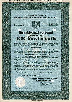 Германия 1000 рейхсмарок 1930 Земля Мекленбург-Стрелиц 7% долговых обязательств, облигация   бумага   8801-114-1