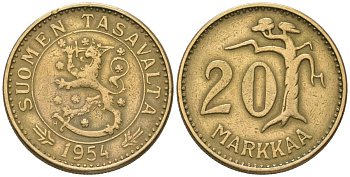 Финляндия 20 марок 1954 H KM 39 алюминиевая бронза 4586-712