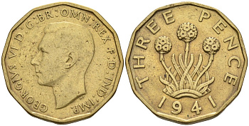Великобритания 3 пенса 1941 Георг VI (1936-1952) KM 849, Spink 4112 никель латунь 4513-1031