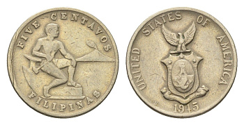 Филиппины 5 сентаво 1945 Администрация США KM 180a медно-никель 4668-651