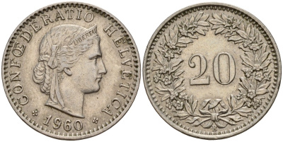 Швейцария 20 раппенов 1960 B KM 29a медно-никель 4187-546