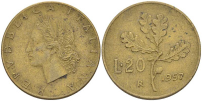 ИТАЛИЯ 20 ЛИР 1957 R, ДУБОВЫЙ ЛИСТ KM 97.1 алюминиевая бронза 113-1244