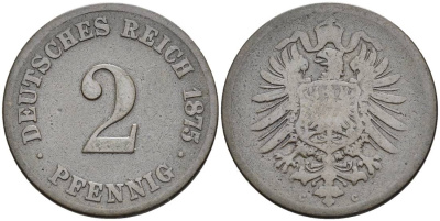 ГЕРМАНИЯ 2 ПФЕННИГА 1875 C, СТАРОГЕРБОВКА KM 2, Jager 2, Weege 3 медь 4546-547