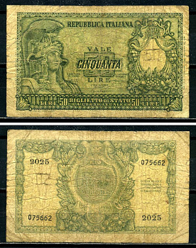 Италия 50 лир 1951 Афина Pick 91а бумага 3295-57-3-2