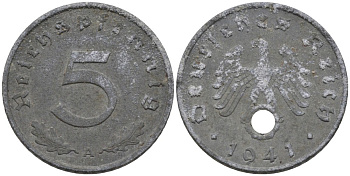 Германия 5 рейхспфеннигов 1941 А, монетный двор Берлин KM 100, J. 370 цинк 186-725