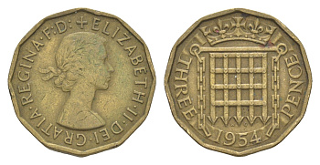 Великобритания 3 пенса 1954 Елизавета II (1952-2022) KM 900, Spink 4153 никель латунь 4571-623