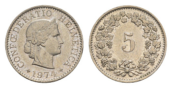 Швейцария 5 раппенов 1974 KM 26 медно-никель 4611-957