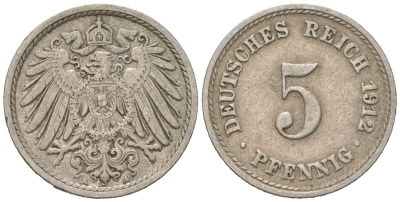 Германия 5 пфеннигов 1912 A, Вильгельм II (1888-1918) KM 11, J. 12 медно-никель 4615-737