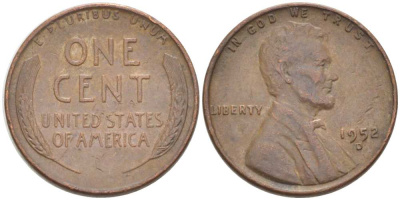 США 1 ЦЕНТ 1952 D, ЛИНКОЛЬН KM А132 медь цинк 3309-816