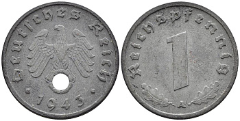ГЕРМАНИЯ 1 РЕЙХСПФЕННИГ 1943 A KM 97, J. 369 цинк 4547-239