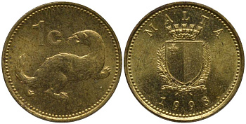 Мальта 1 цент 1998 ласка, горностай KM 93 никель латунь 218-331