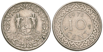 Суринам 10 центов 1972 KM 13 медно-никель 4611-824