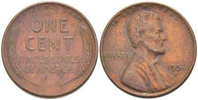 США 1 ЦЕНТ 1956 D, ЛИНКОЛЬН KM А132 медь цинк 218-268