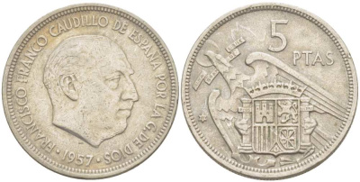 ИСПАНИЯ 5 ПЕСЕТ 1957 (62) ФРАНСИСКО ФРАНКО ДИКТАТОР ИСПАНИИ (1939-1975) KM 786 медно-никель 210-1116
