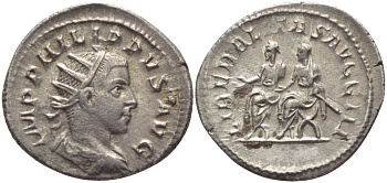 Римская Империя антониниан 247 - 249 Филипп II LIBERALITAS AVGG III, ИМПЕРАТОРЫ Филипп I и Филипп II в курульных креслах, Рим, Good Very fine RIC 230 серебро 1073-15-26