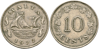 Мальта 10 центов 1972 баржа Великого магистра KM 11 медно-никель 4137-843