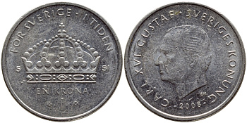 Швеция 1 крона 2008 Карл XVI Густав (1973- ) KM 894 медно-никель 87-233