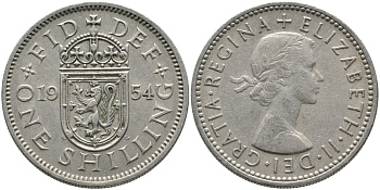 Великобритания 1 шиллинг 1954 Елизавета II (1952-2022), Шотландский герб KM 905, Spink 4148 медно-никель 65-1021