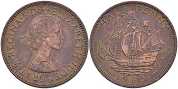 Великобритания 1/2 пенни 1965 Елизавета II (1952-2022) KM 896, Spink 4158 бронза 4561-535