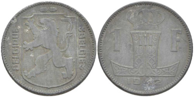БЕЛЬГИЯ 1 ФРАНК 1942 BELGIQUE-BELGIE, ЛЕОПОЛЬД II (1934-1950), ГЕРМАНСКАЯ ОККУПАЦИЯ, ВТОРАЯ МИРОВАЯ ВОЙНА KM 127 цинк 202-933