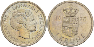 ДАНИЯ 1 КРОНА 1976 S;B, МАРГРЕТЕ II (1972-) KM 862.1 медно-никель 202-827
