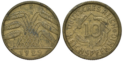 Германия 10 рейхспфеннигов 1925 G KM 40, J. 317 алюминиевая бронза 4121-915