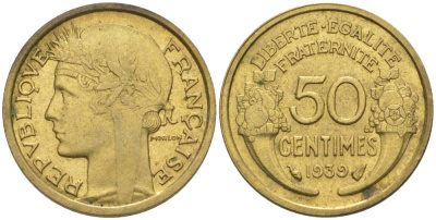 ФРАНЦИЯ 50 САНТИМОВ 1939 ТИП MORLON KM 894.1, LE FRANC 192.15 алюминиевая бронза 44-832