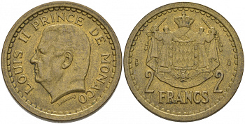 Монако 2 франка 1945 Луи II (1922-1949) KM 121а алюминиевая бронза 73-1426