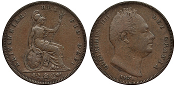 Великобритания 1 фартинг 1831 Вильгельм IV (1830-1837) KM 705, Spink 3848 медь 1523-912